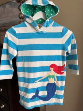 Mini Boden terry cloth Blue and White Striped Mermaid Hooded Swim Coverup